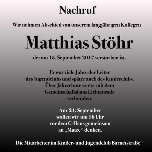 Nachruf Matthias Stoehr