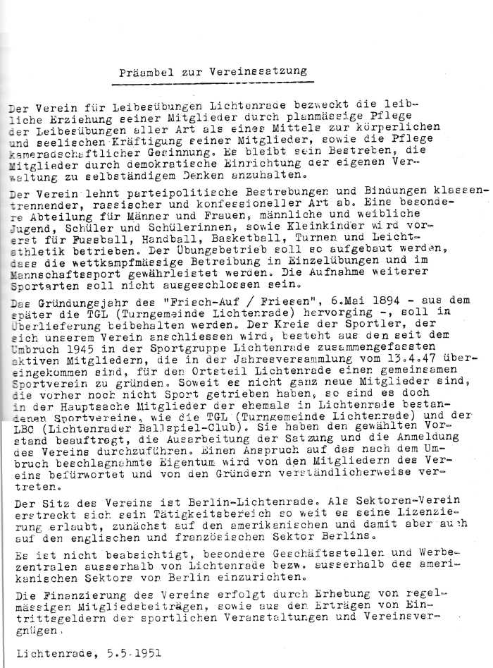 Praeambel Vereinssatzung VFL 1951 700